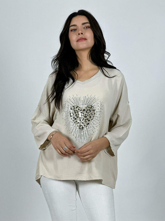 Polera Lino Corazon Print Con Brillos