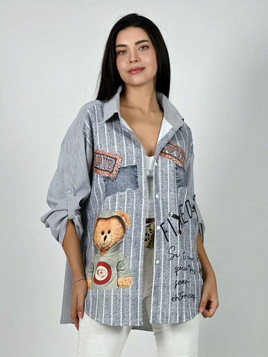 Blusa Lino Estampado Mezclilla Diseño Osito