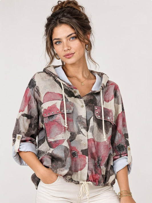 Bomber Viscosa Floral Bolsillos Tachas