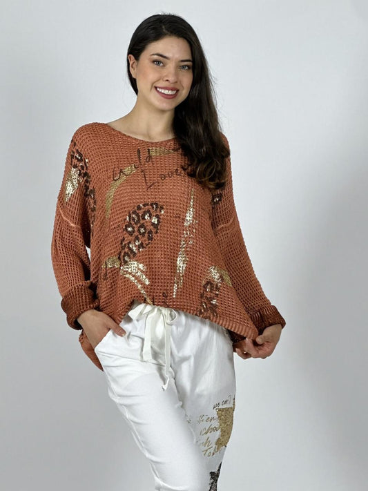 Sweater Tejido Italiano Flores Brillos y Letras