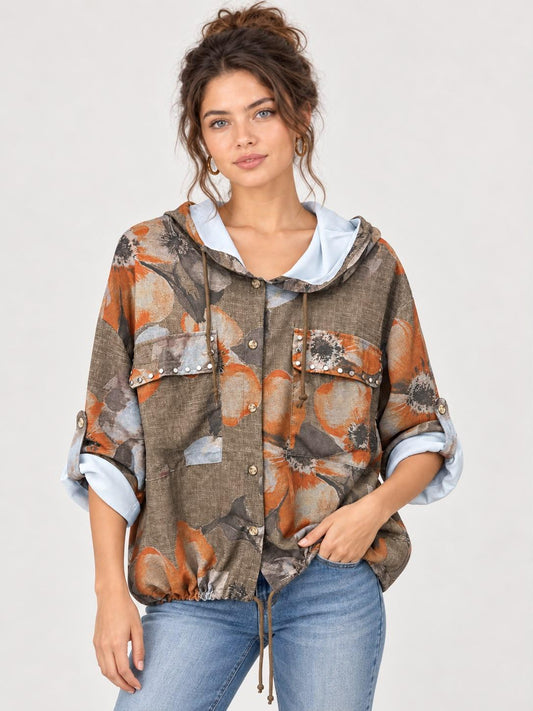 Bomber Viscosa Floral Bolsillos Tachas