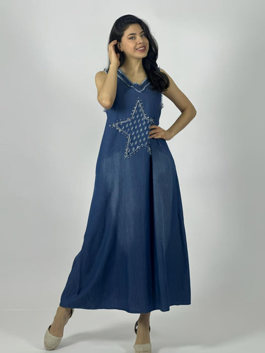 Vestido Mezclilla Sin Mangas Estrella Perlada