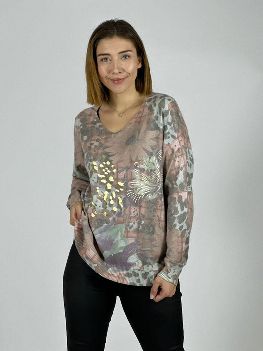 Sweater Cuello V Flores y Print