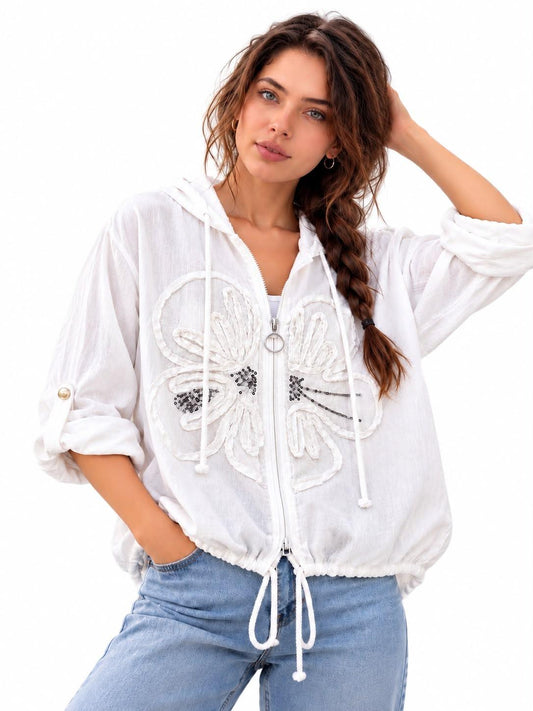 Bomber Lino Flor Bordada con Brillos