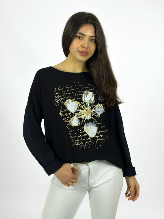 Polera Flor y Letras Brillantes