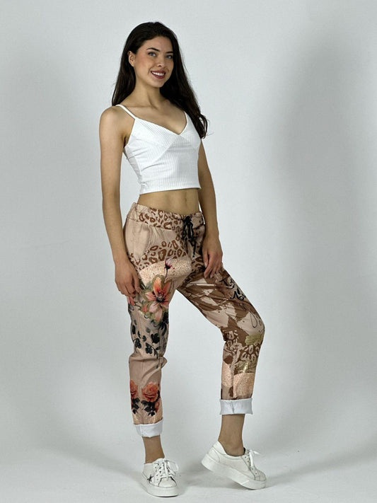 Jogger Italiano Viscosa Flores Print Letras