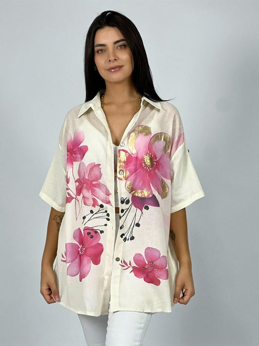 Blusa Lino con Flores Bordes Brillantes