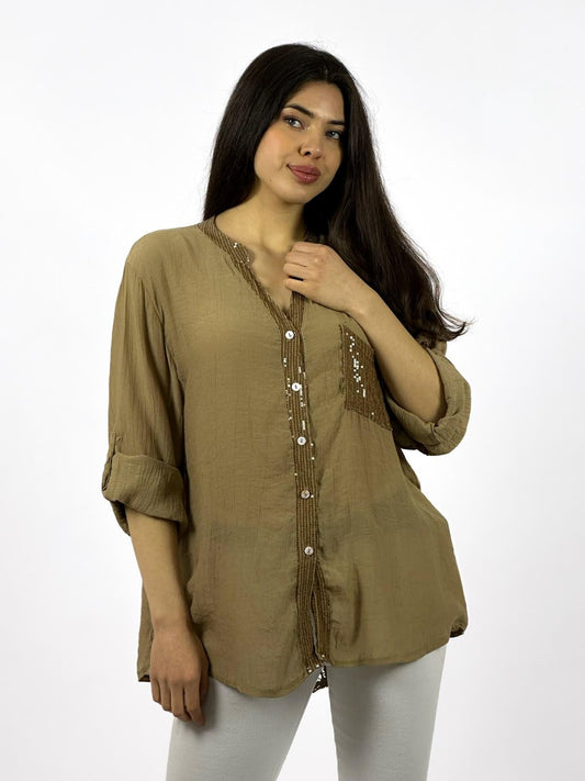 Blusa Casual con Brillos Dorso Tejido