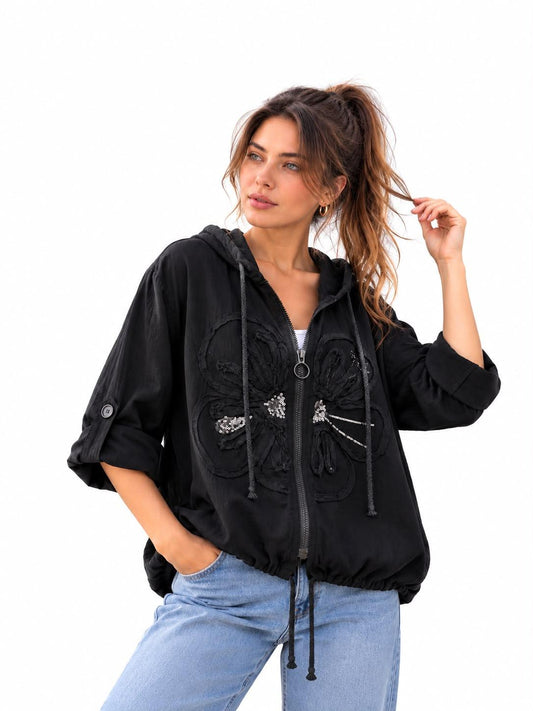 Bomber Lino Flor Bordada con Brillos