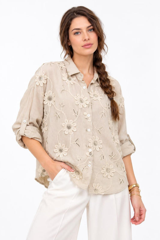 Blusa Lino Flores Bordadas con Lentejuelas