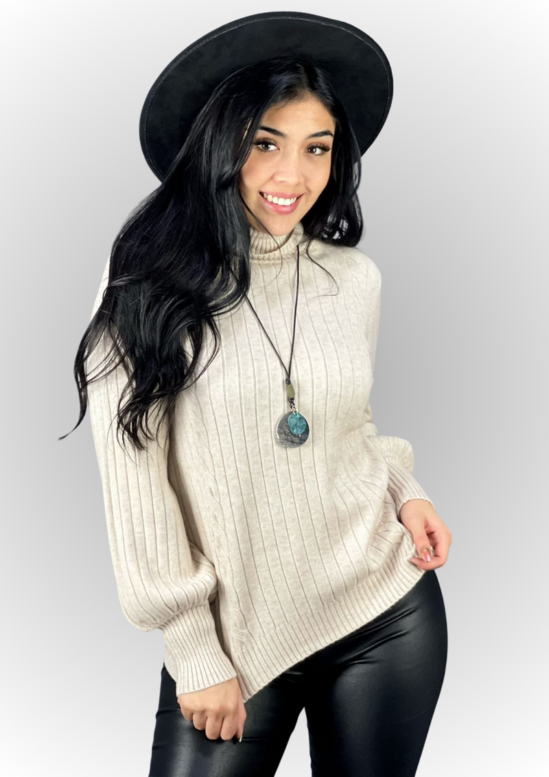 High Neck Wool Sweater with Tight Cuffs