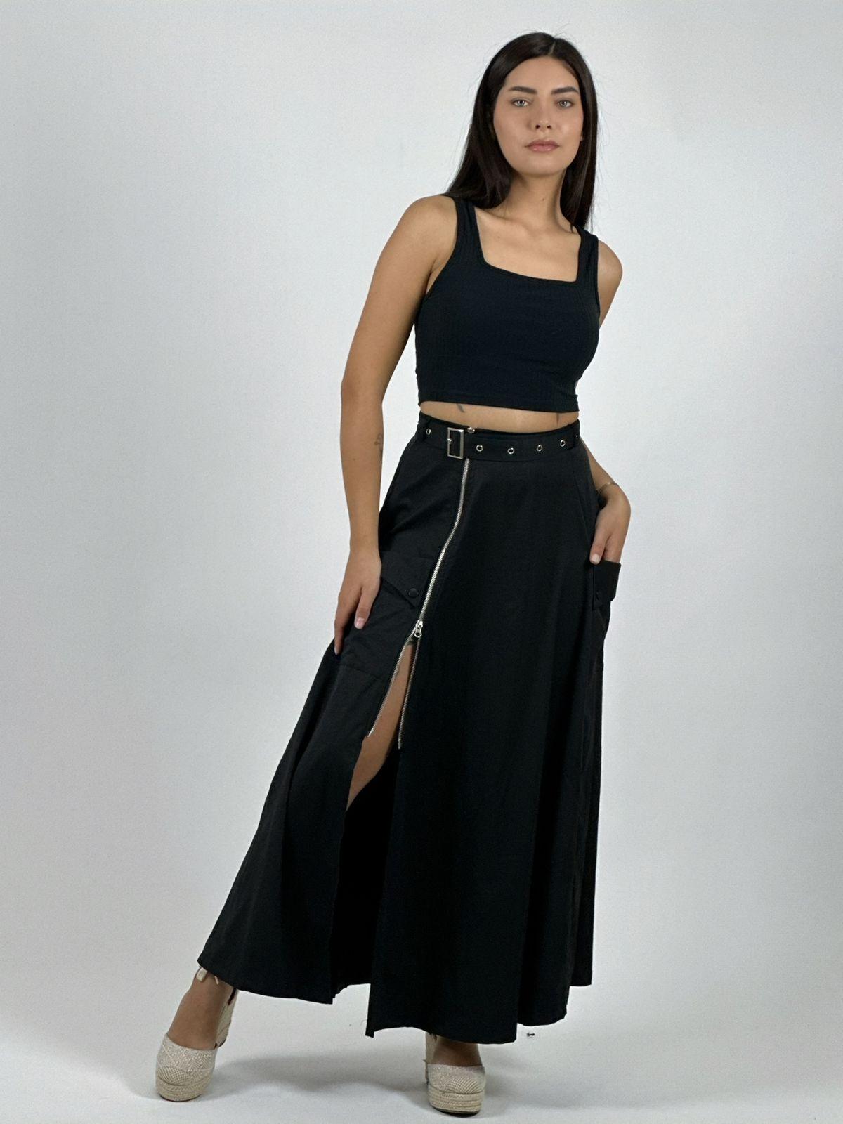 Falda Larga Con Cinturón y Cierre Abertura