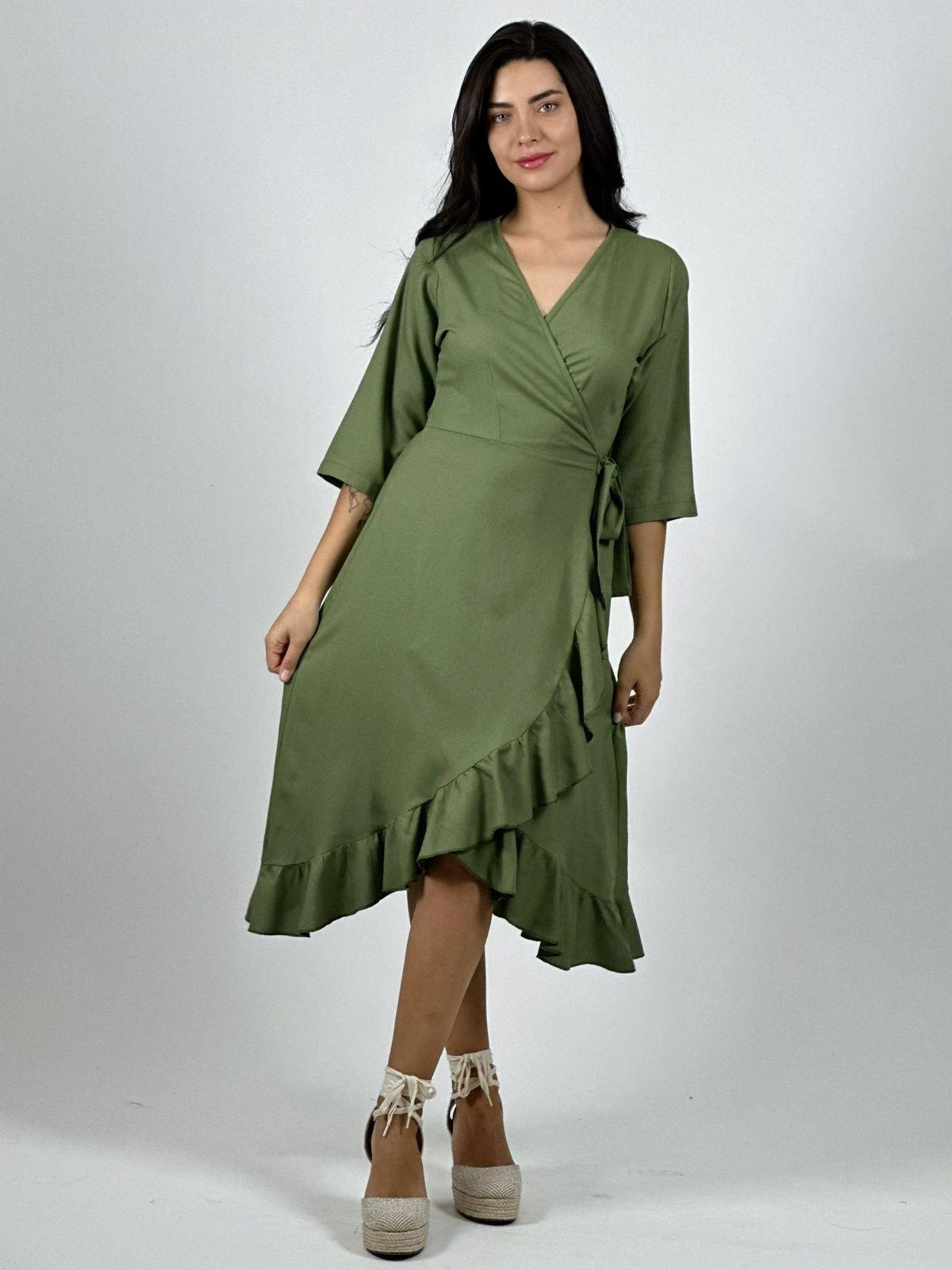 Vestido Lino Amarre Cruzado Con Vuelos