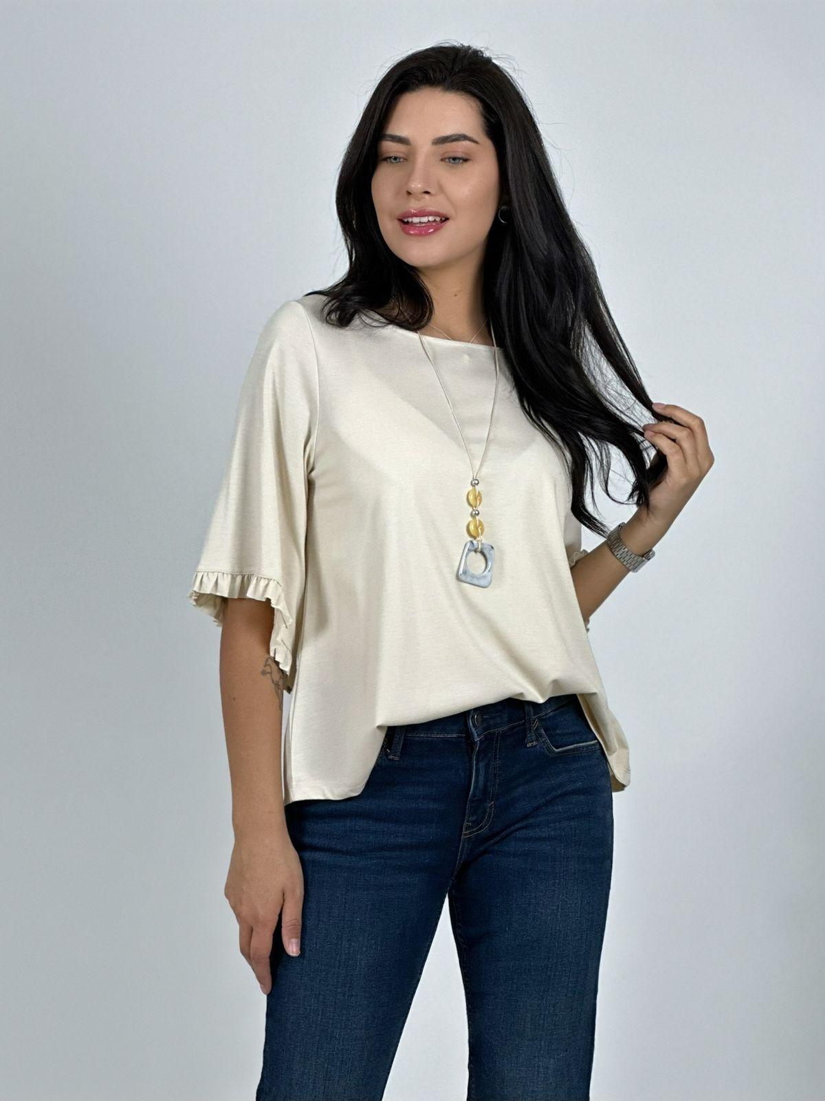 Blusa Viscosa Mangas Farolaos con Collar