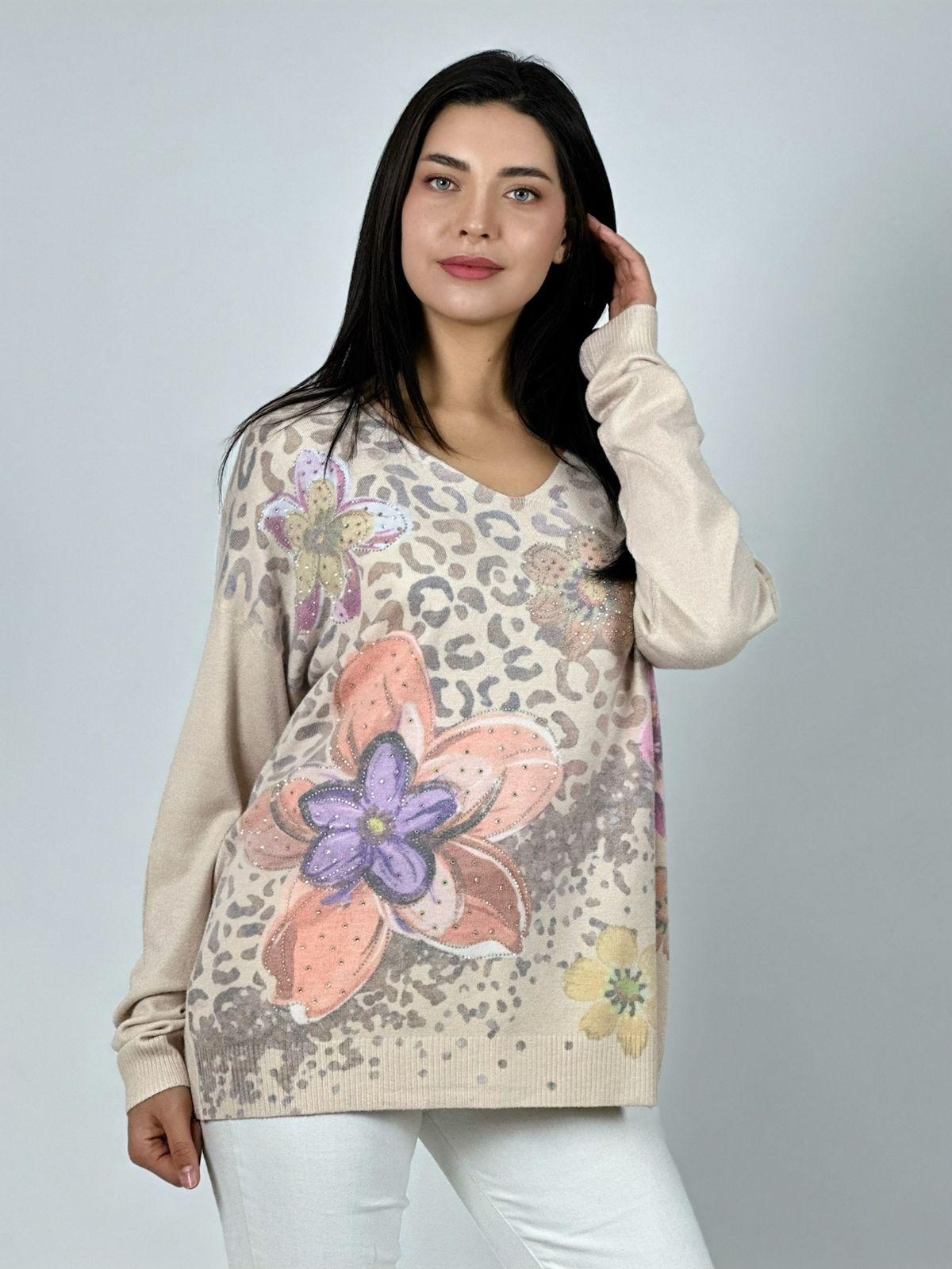 Sweater Spandex Print Con Flores y Brillos