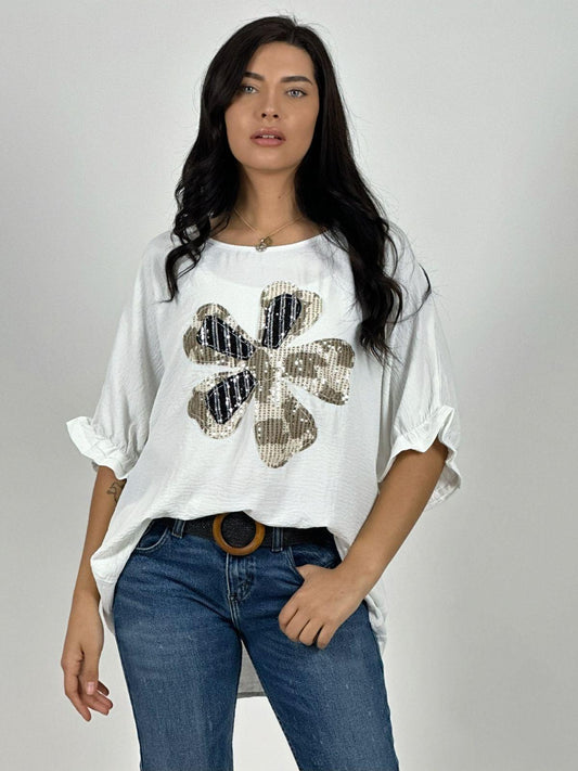 Polera Crepé Flor de Lentejuelas