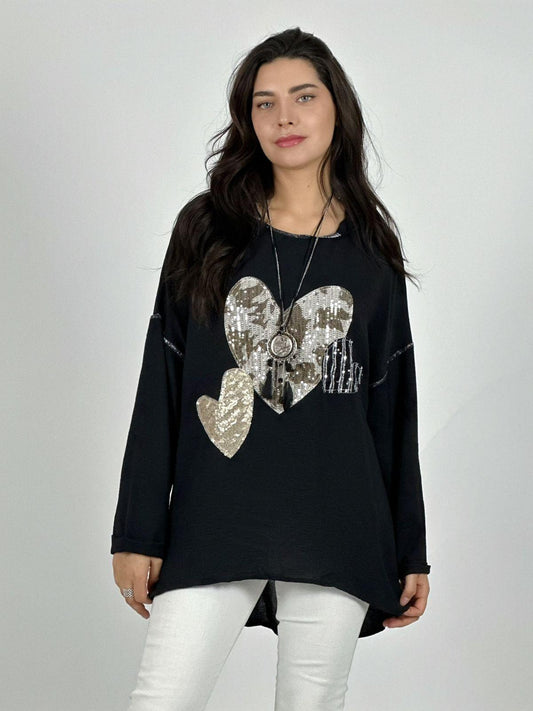 Polera Crepé Triple Corazon Lentejuelas