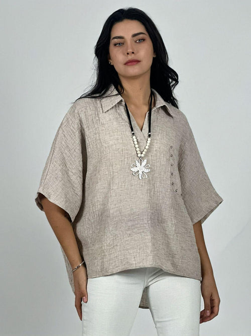 Blusa Lino Bolsillo con Brillos