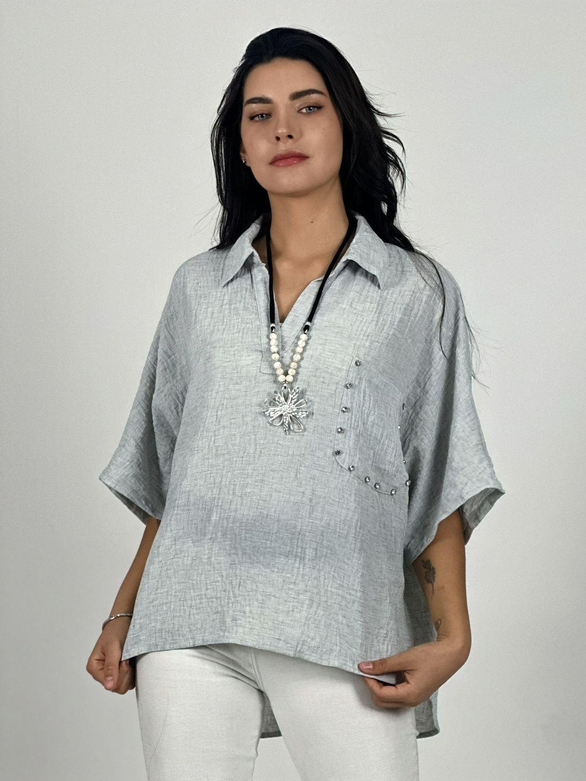 Blusa Lino Bolsillo con Brillos