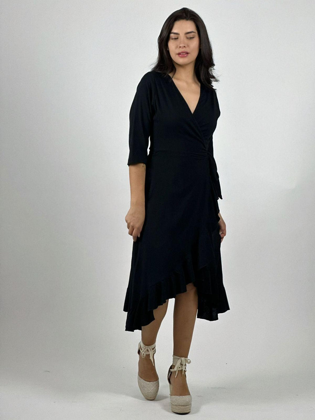 Vestido Lino Amarre Cruzado Con Vuelos