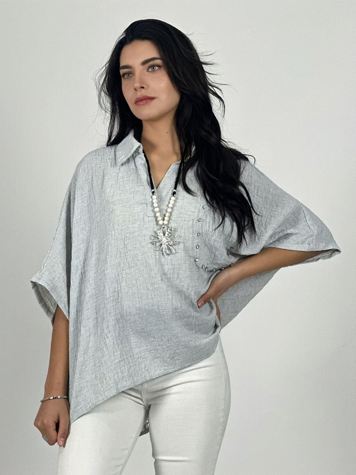 Blusa Lino Bolsillo con Brillos