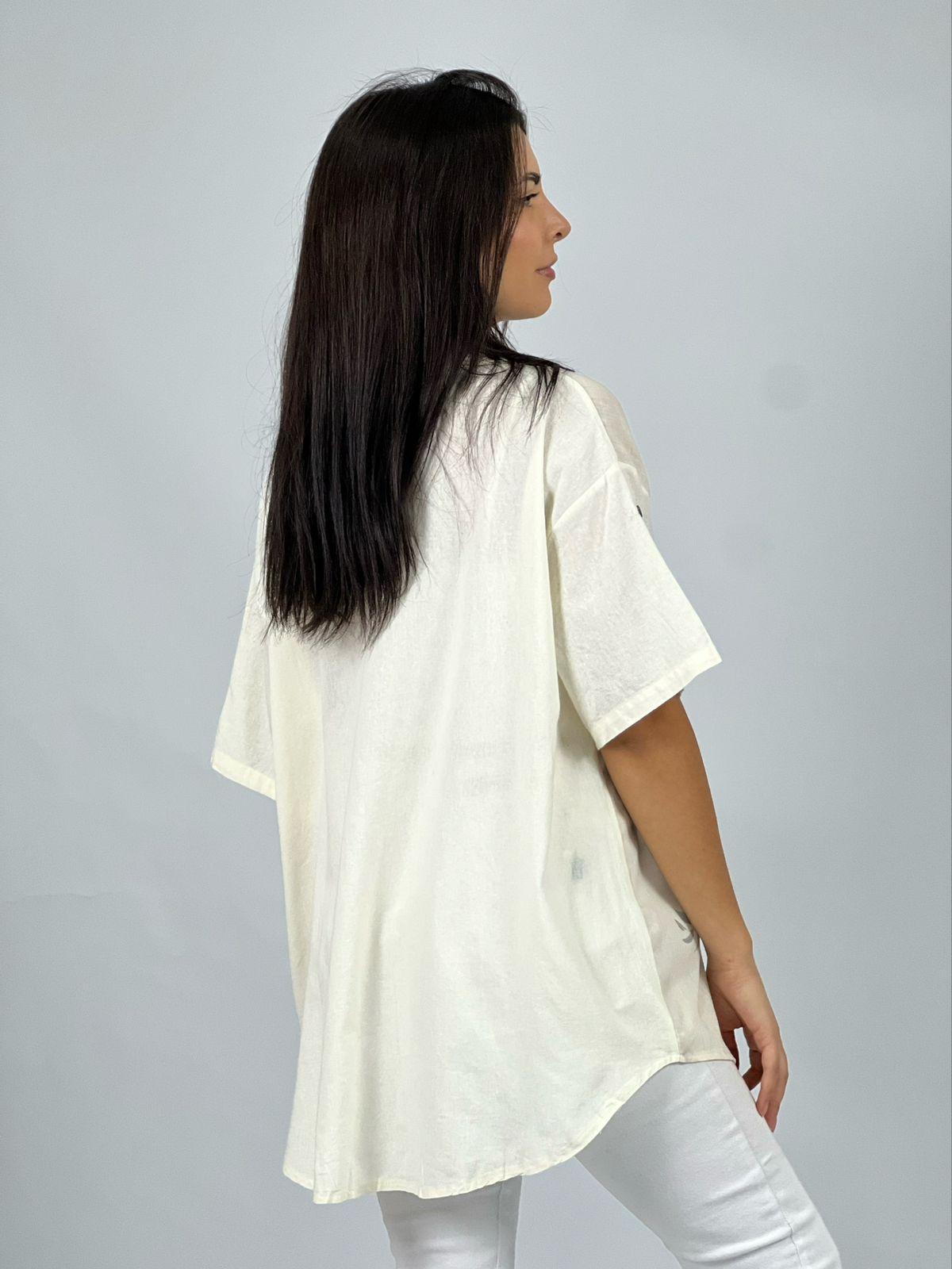 Blusa Lino con Flores Bordes Brillantes