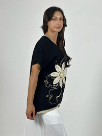 Polera Lino Flor Tejida Lineas Doradas