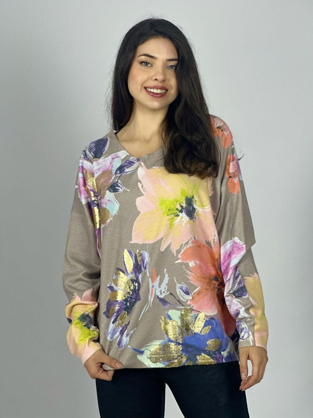 Sweater Spandex Estampado Floral con Brillo