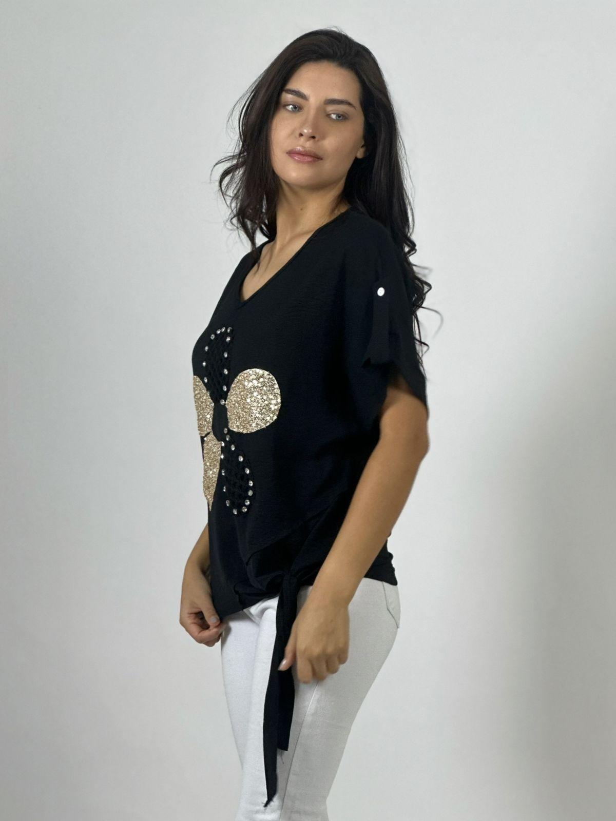 Polera Crepé Flor y Dorso Tejido