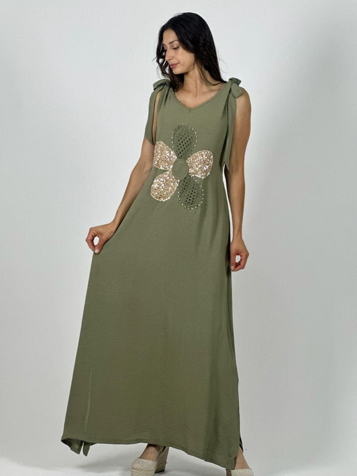 Vestido Lino Flor Brillos