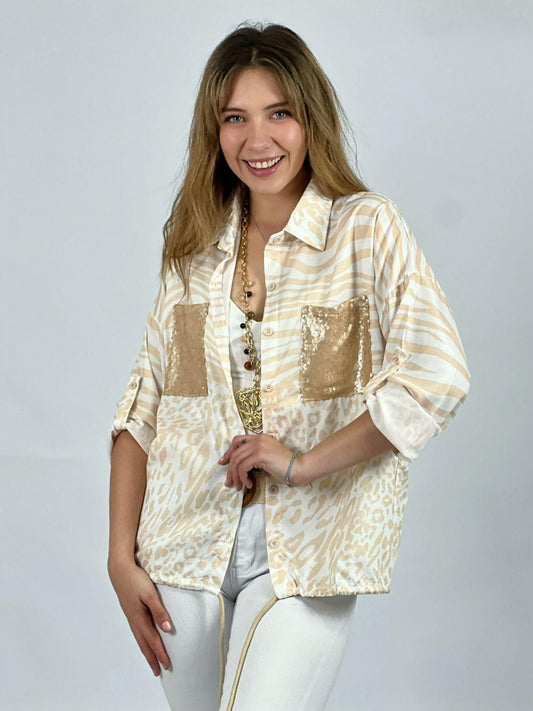 Blusa Viscosa Print Bolsillos Con Brillo