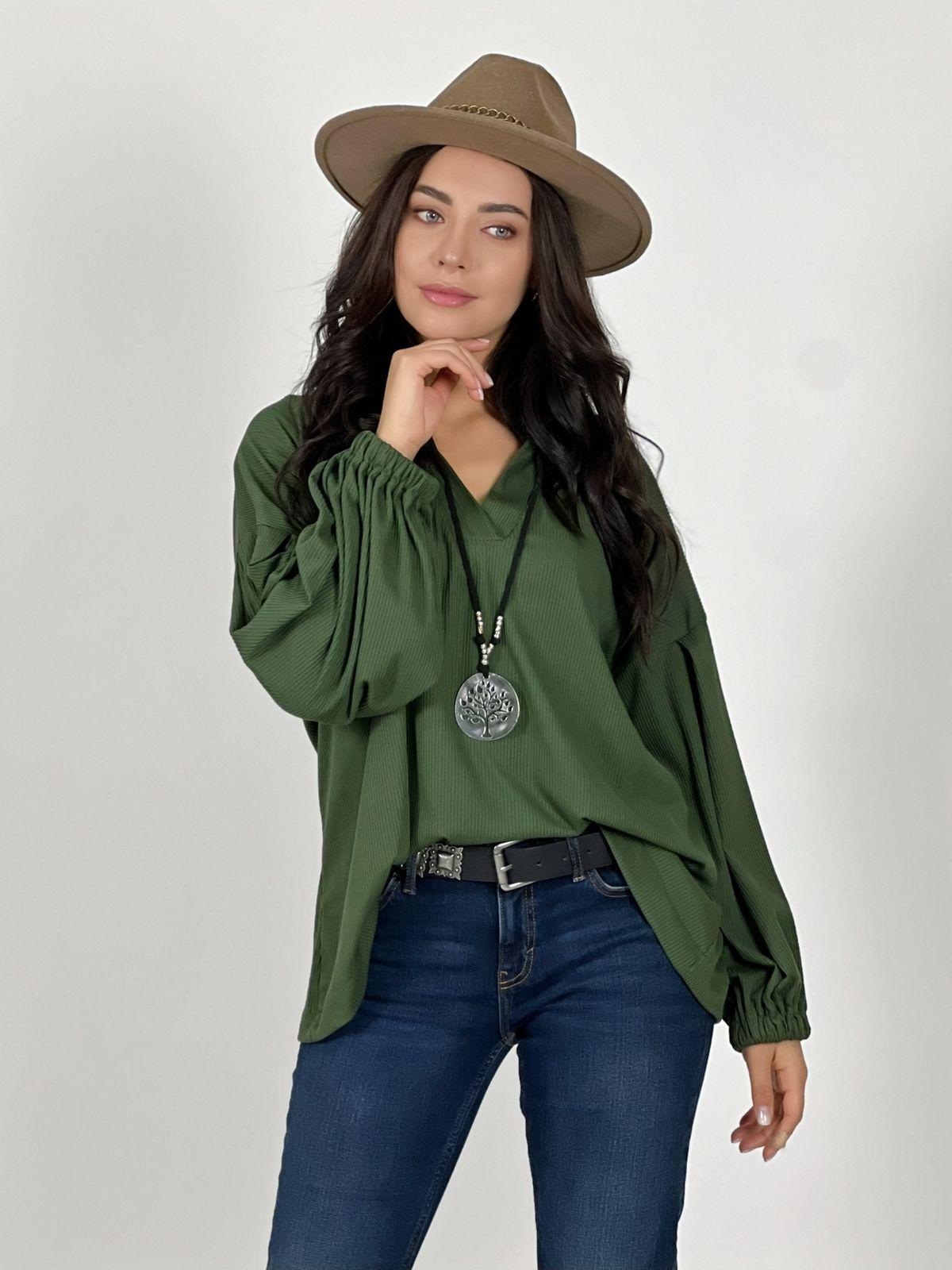 Blusa Cuello V Mangas Globo