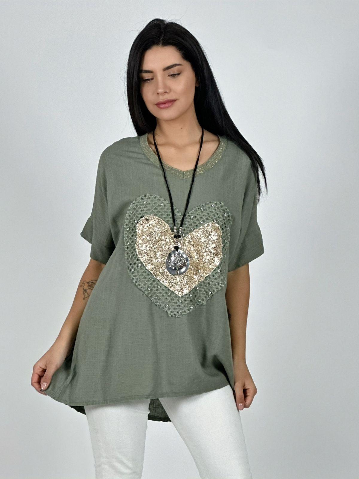Polera Lino Corazón Brillos y Broderi