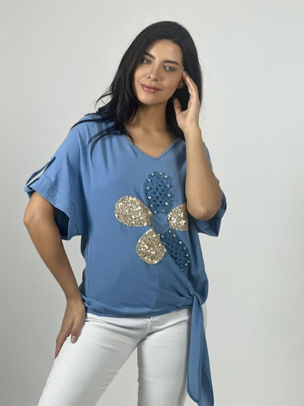 Polera Crepé Flor y Dorso Tejido