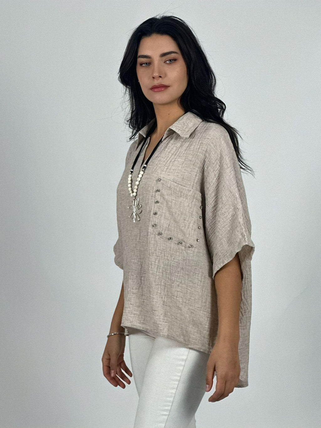 Blusa Lino Bolsillo con Brillos