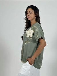 Polera Lino Flor Tejida Lineas Doradas