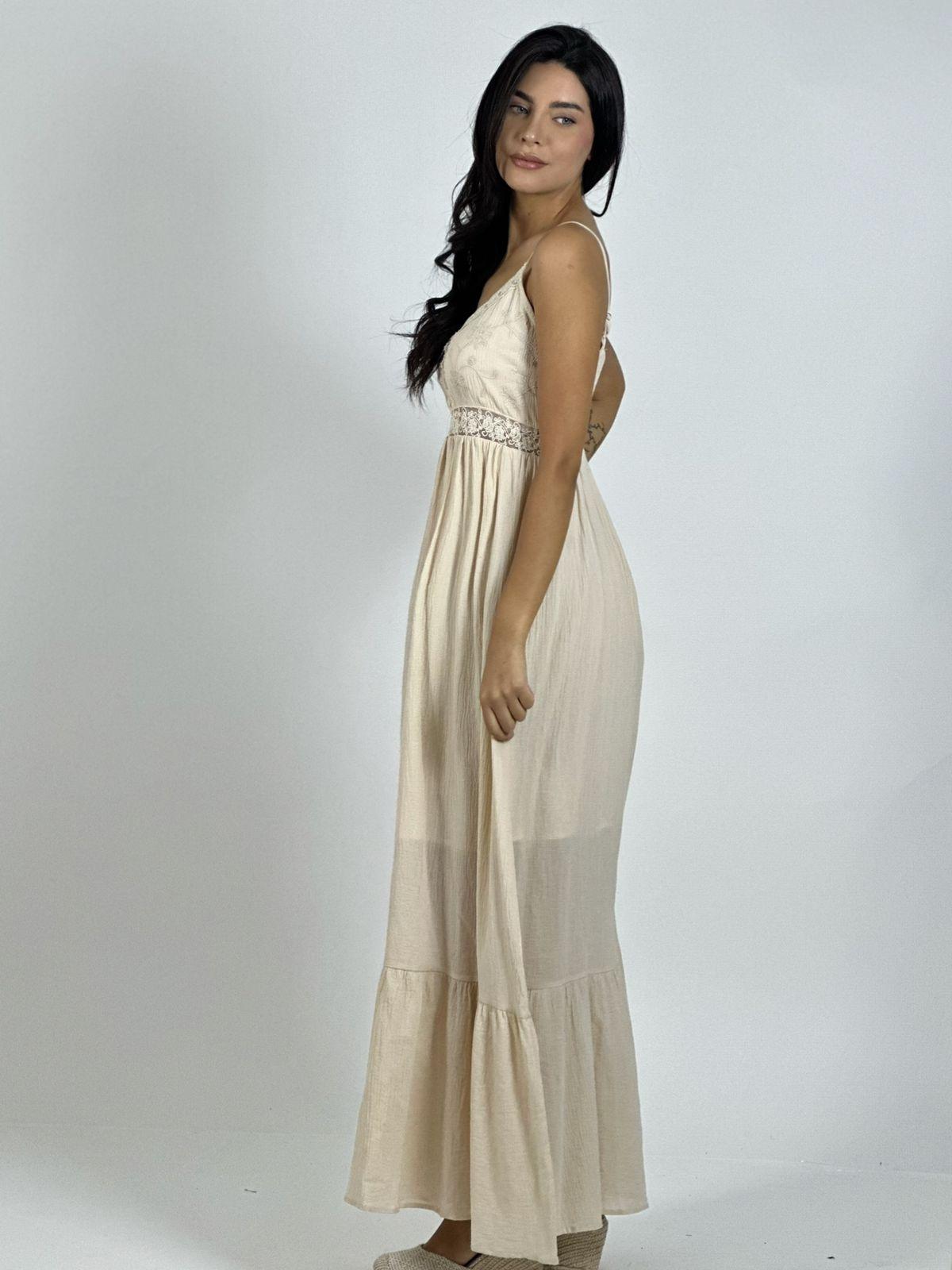 Vestido Crepé Torso Encaje