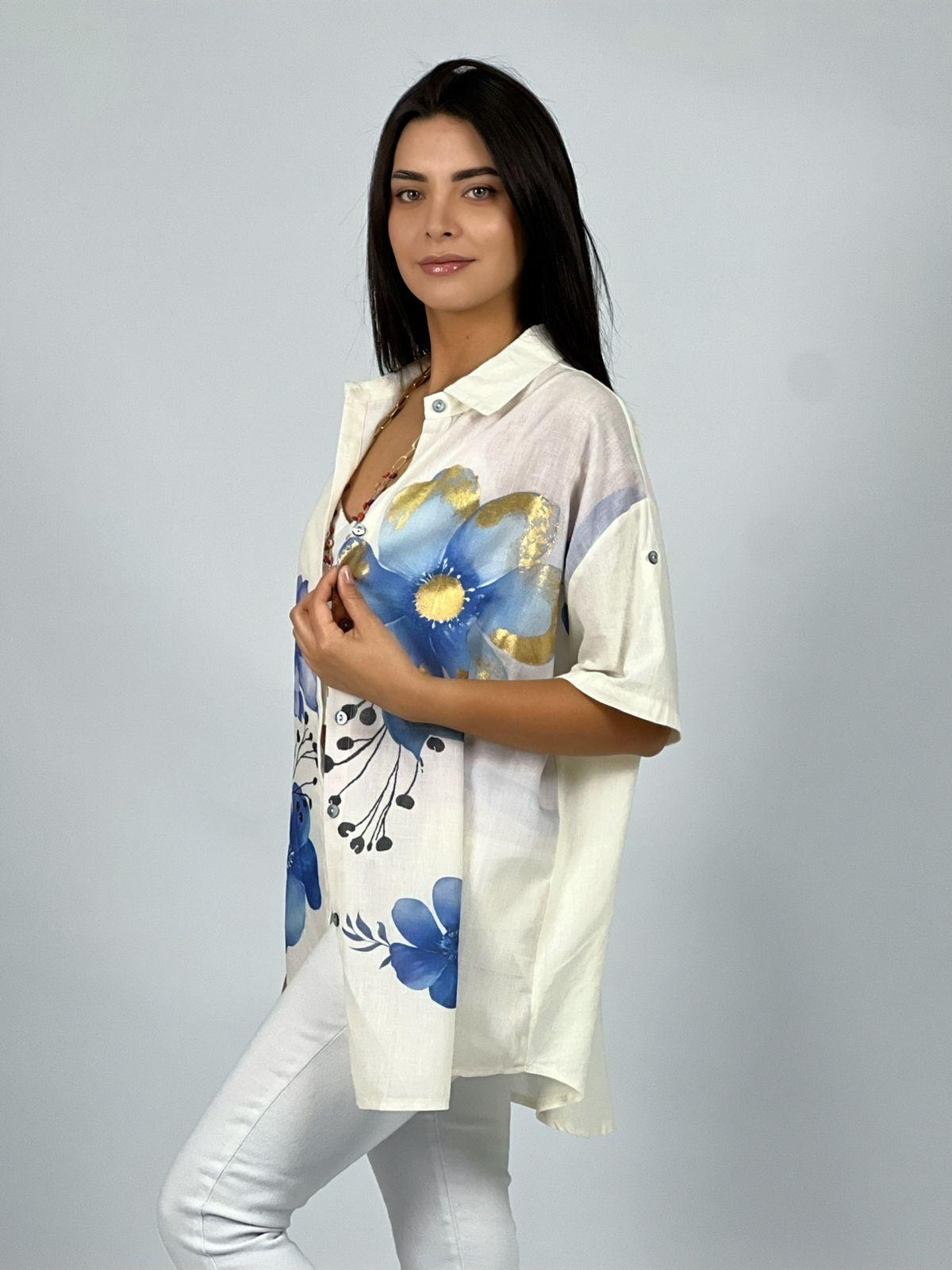 Blusa Lino con Flores Bordes Brillantes