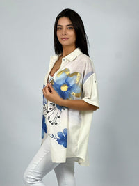Blusa Lino con Flores Bordes Brillantes