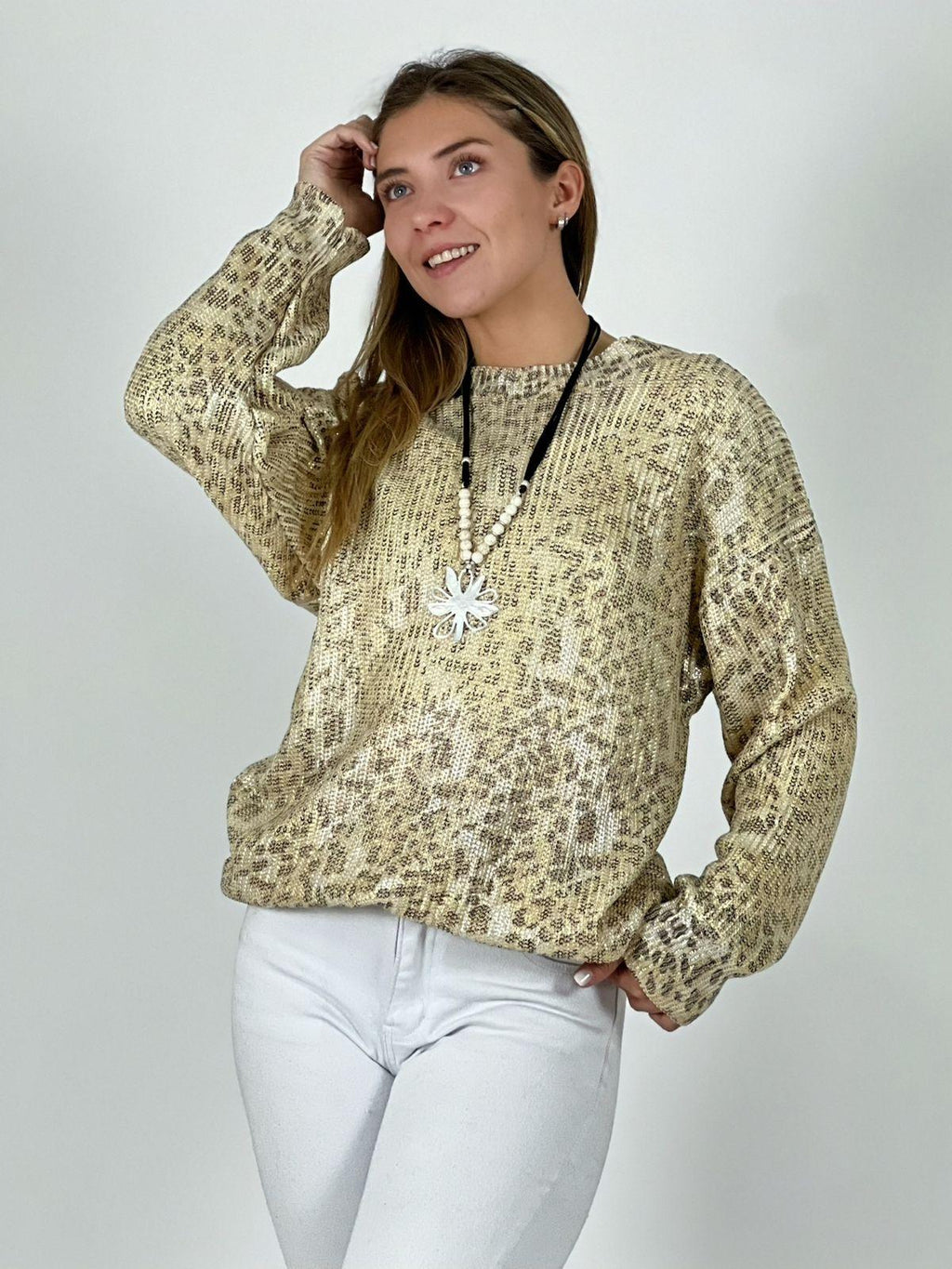 Sweater de Hilo Estampado Print con Brillos