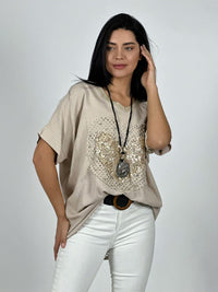 Polera Lino Corazón Brillos y Broderi