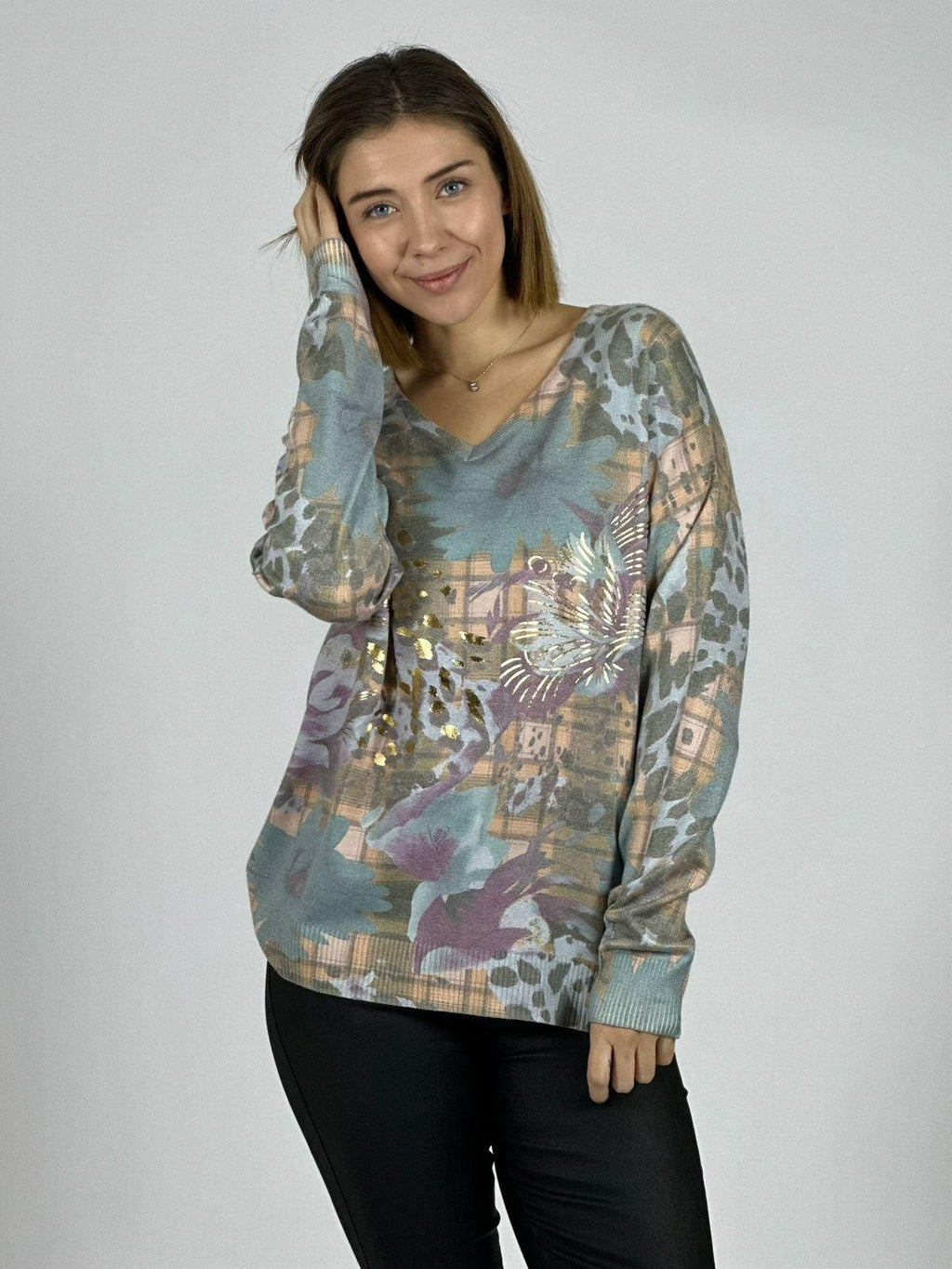 Sweater Cuello V Flores y Print
