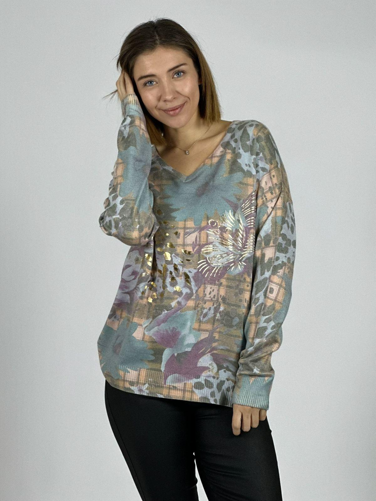 Sweater Cuello V Flores y Print