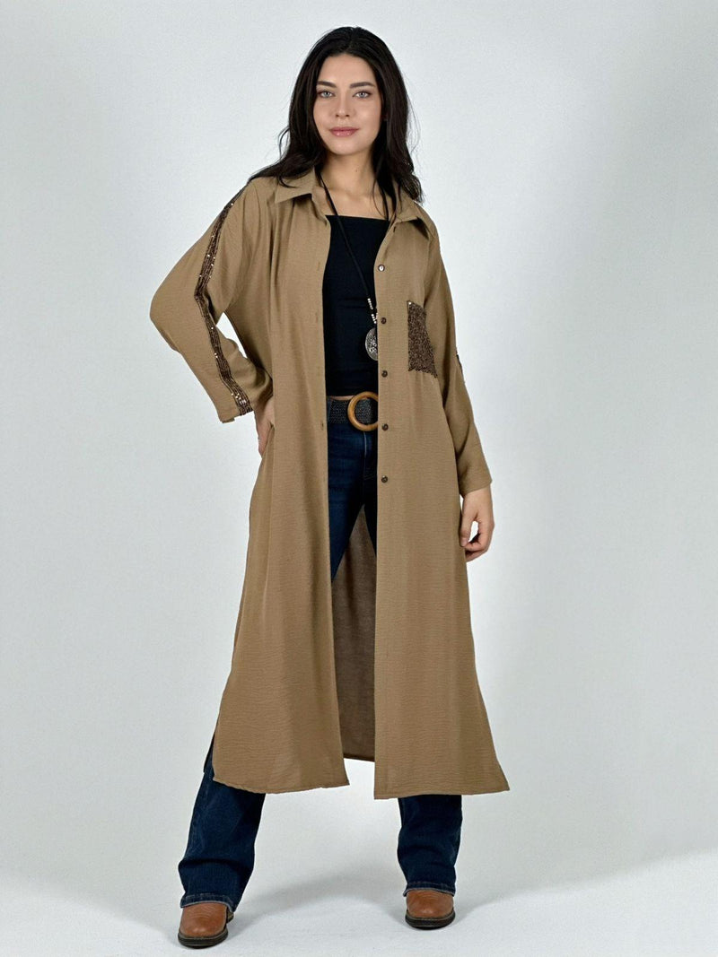 Blusón Camisero Tela Cey Con Detalles Brillantes