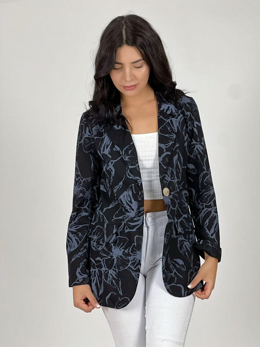 Blazer Lino Diseño Estampado Flores Negro