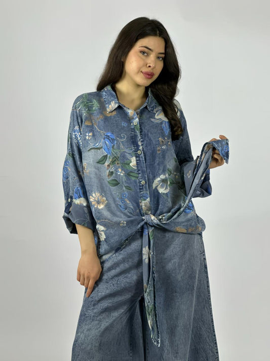 Blusa de Mezclilla Floreada Amarrada