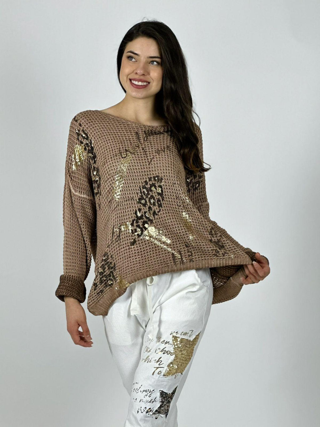 Sweater Tejido Italiano Flores Brillos y Letras