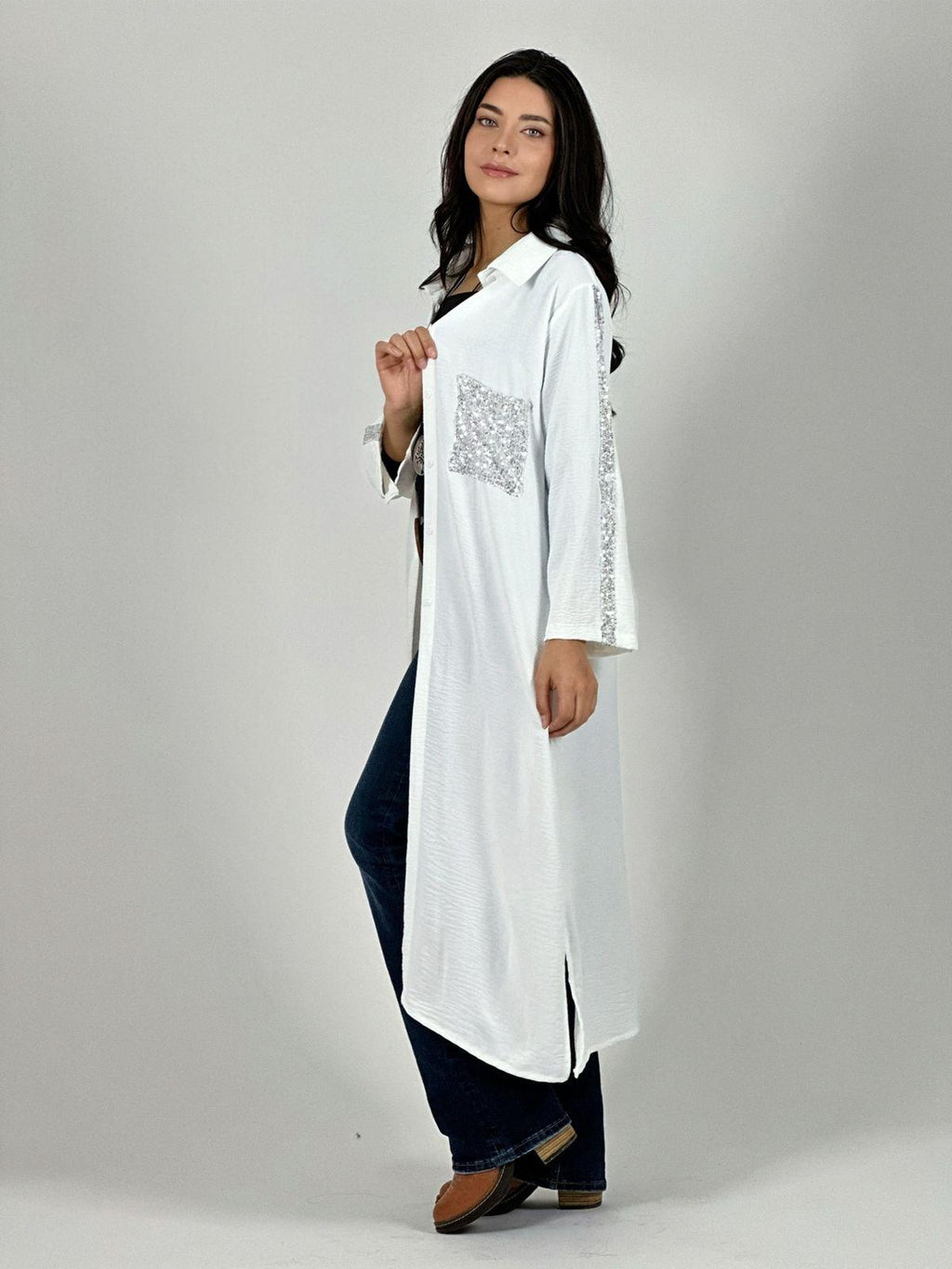 Blusón Camisero Tela Cey Con Detalles Brillantes