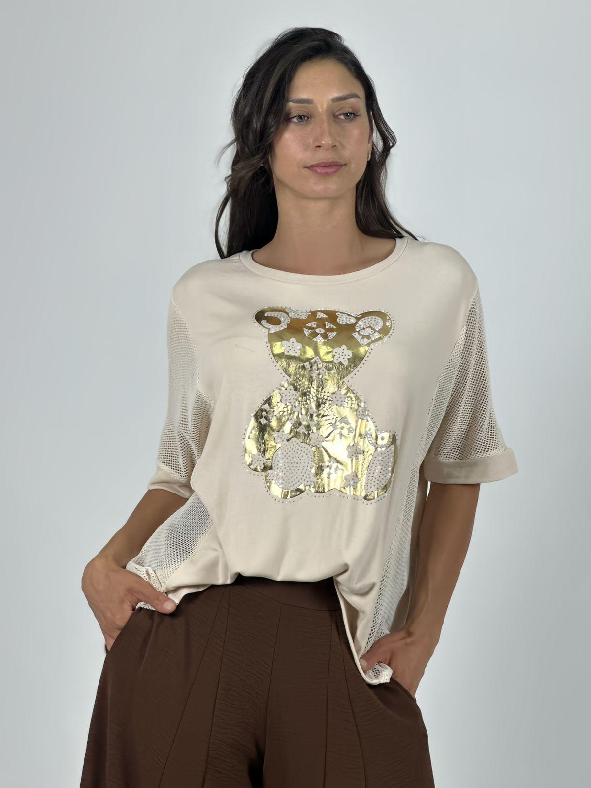 Polera Algodón Osito Dorado Mangas Tejidas