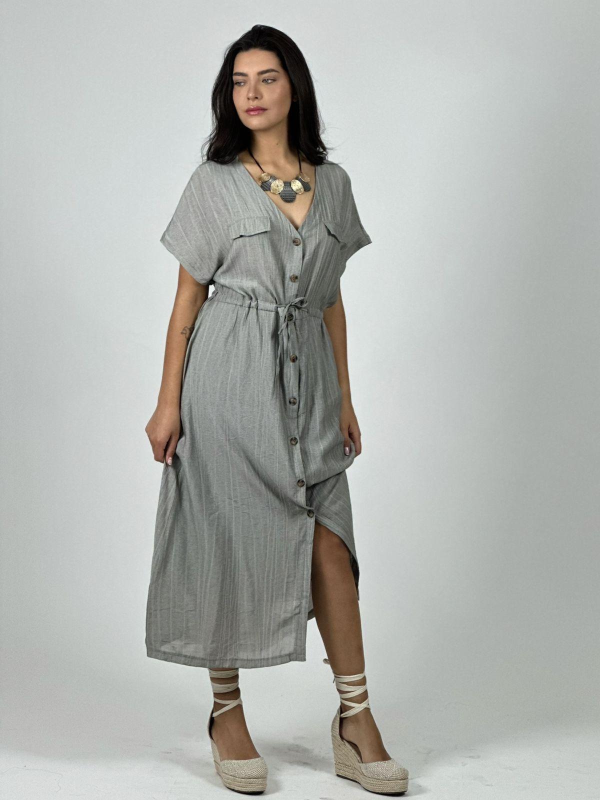 Vestido Abotonado Ajustado en la Cintura